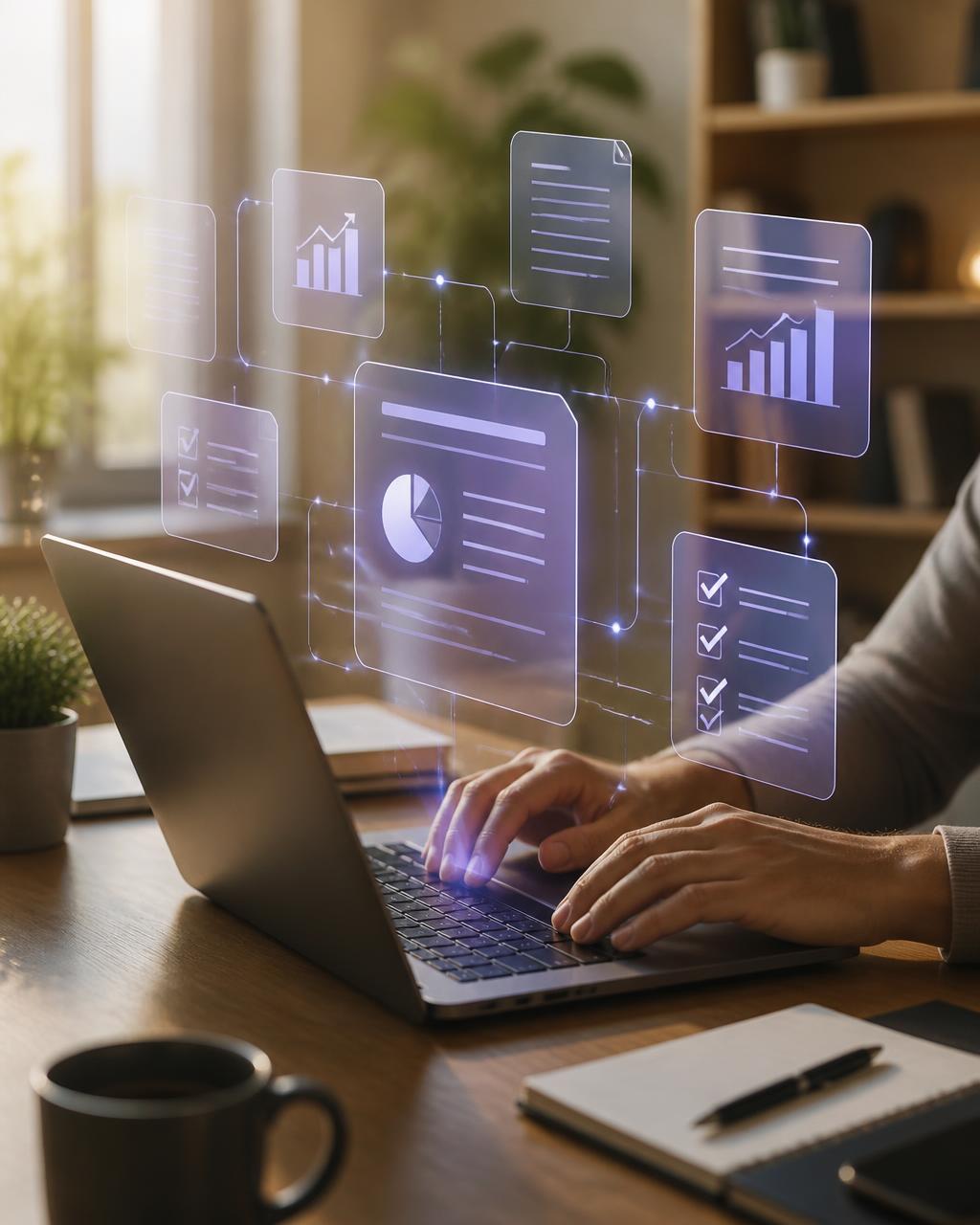 Laptop met zwevende digitale documenten, checklists en datavisualisaties